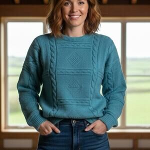 Vintage 80s Teal Irish Aran Sweater 100% Wool Large